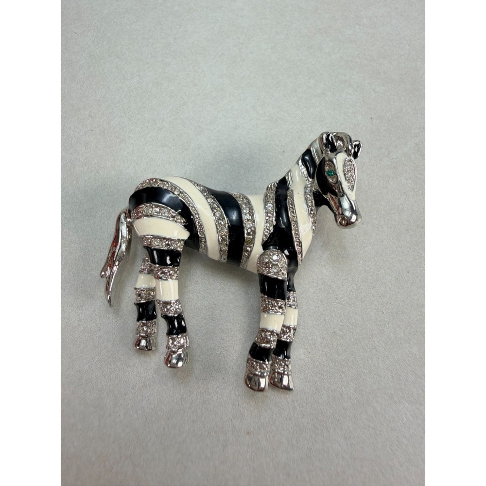 Vintage Zebra Brooch Black White Enamel Rhinestone Silver Tone Figural Pin